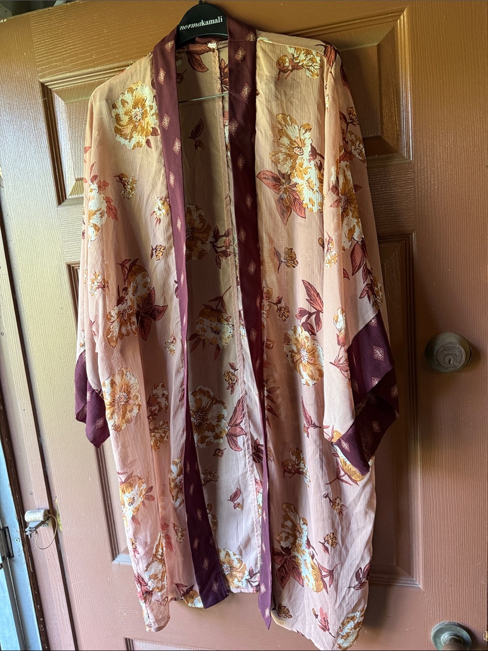 Floral Satin Kimono Duster in Blush and Burgundy